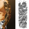 Waterproof full arm temporary tattoo sticker with realistic black and grey Chinese dragon - Chinese Dragon and Pagoda Style (TQB-17)
