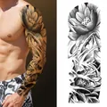Full arm temporary tattoo with realistic lotus and wave pattern in black and grey - Black and White Lotus Wave Style (TQB-31)
