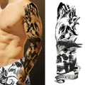 Waterproof full arm temporary tattoo featuring dark skulls and ravens in black and white - Black and White Skull Crow Style (TQB-39)