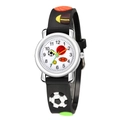 Detail of children's sports watch band with 3D embossed football and basketball patterns - Black