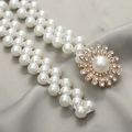 Close-up of pearl waist belt with gold flower buckle and sparkling rhinestones - Small Round Pearl