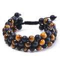 Bracciale intrecciato a tre strati con occhio di tigre naturale e pietre nere opache - Bracciale a tre file da 8mm in occhio di tigre e pietra opaca