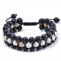 Three-layer beaded bracelet with matte black stones and faceted star-shaped tiger eye - Triple Row Matte Amazonite Style (WB357)