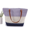 Detail of a woven tote bag featuring purple, beige, and navy stripes with brown leather handles - Width 45cm Height 40cm / Purple