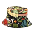 Detailed close-up of vibrant floral and nature print on a reversible cotton bucket hat - M (56-58cm) / Dark Color