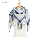 Écharpe à carreaux bleu et rose avec longues franges, châle d'hiver chaud à motif carreaux - Bleu (FS4-06#)