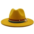 Detailed shot of yellow wool fedora hat featuring colorful woven band and white pearls - M (56-58cm) / Yellow