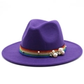Detail of purple fedora hat featuring rainbow ribbon band with white pearls and gold accents - M (56-58cm) / Purple