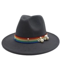 Dark grey wool fedora hat with rainbow ribbon trim and white pearl embellishments - Dark Gray