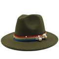 Detail of olive green wool fedora hat with rainbow ribbon and white pearl accents - Army Green
