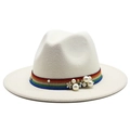 Detail of white wool fedora with pearl embellishments and rainbow ribbon band - White