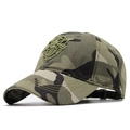 Detailed side view of camouflage baseball cap with embroidered tactical military badge - Camouflage
