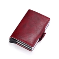 Macro detail of wine red PU leather wallet with aluminum automatic pop-up card mechanism - Burgundy