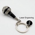 Black rhinestone microphone keychain with silver metallic frame and engraved round charm - Black Rhinestone Microphone With KOHLER Tag