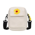 Daisy embroidery canvas crossbody bag in beige with adjustable black strap - White