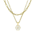 Double-layer 18K gold plated paperclip necklace with hexagon Mother of Pearl letter C charm - Gold Letter C