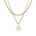 Double-layered 18K gold paperclip necklace with hexagonal white shell letter E pendant - Gold Letter E