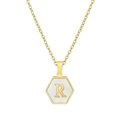 Collar con colgante hexagonal de oro de 18K y nácar con la letra R en cadena fina - Con cadena / Letra Blanca R