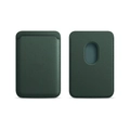 Detail of dark green leather MagSafe wallet showing magnetic back with card slot and stitching - Cedar Green