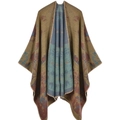 Ethnic knit shawl cloak in brown and blue with vintage pattern for women - 135x155cm / Thriving Plants Yellow