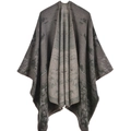 Women's dark gray-green knit poncho wrap with brown stitched trim on white background - 135x155cm / Thriving Plants Khaki