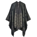 Women's thick knit poncho with dark green and grey abstract patterns in cashmere-like fabric - 135x155cm / Thriving Plants Green