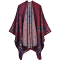 Burgundy and grey reversible knitted poncho with abstract jacquard floral patterns - 135x155cm / Thriving Plants Red