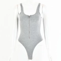 Detail view of grey ribbed knit sleeveless bodysuit with front zipper and high cut fit - S / Gray