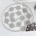 Silver metal waist chain with hollow round motifs and a rose pendant on a white surface - Silver Hollow Disc Style (115cm)