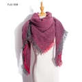 Knit scarf in dark red and grey color block design with fringe tassels on a mannequin - Burgundy