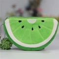 Green plush kiwi fruit coin purse with black embroidery and metal keychain chain - Semi-circular Kiwi
