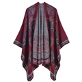 Burgundy knit shawl poncho with ethnic jacquard pattern and thick cashmere feel - 135x155cm / Paisley Vine Red