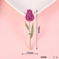 Detailed view of tulip brooch with pink crystals and pearl including 70mm size measurements - D048 Slim Tulip (Rose Red)