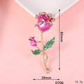 Pink and green rose flower brooch with rhinestones, 85mm x 39mm size and 18.3g weight details - D706 Long Rose (Rose Red)