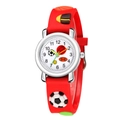 Detail of red silicone kids watch strap featuring 3D embossed sports ball patterns - Red