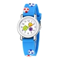 Detail of children's blue quartz watch featuring 3D embossed footballs on silicone strap - Sky Blue