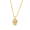 Gold Hamsa Hand pendant necklace with sparkling white zircons on a white background - Hamsa Hand