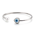Bracciale rigido argento con cuore, occhio di Allah e perla in un design aperto fine - Color Acciaio
