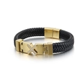 Bracciale da uomo in pelle nera intrecciata con croce dorata e zirconi incastonati - 21.5cm / Oro
