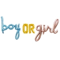 Detail of blue, gold and rose gold foil balloons spelling out boy OR girl for reveal party - Joined Boy or Girl Foil Balloon Set