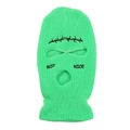 Detail of bright green knit balaclava with three-hole cutouts and embroidered text - Fluorescent Green