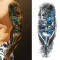 Temporary full arm tattoo sticker featuring lion, warrior, and blue orchid design - Lion Taiji Orchid Style (TQB-12)