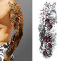 Temporary full arm tattoo sticker featuring red roses, skull, and dark moon design - Skull Red Rose Moon Style (TQB-06)