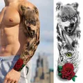 Detail view of full arm temporary tattoo with wolf, owl and red rose designs - Wolf Owl Red Rose Style (TQB-13)