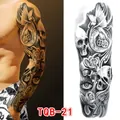 Temporary full arm tattoo with skull, realistic eye, clock, and roses in black gothic style - Skull Rose Eyes Clock Style (TQB-21)