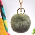 Army green faux rabbit fur keychain with gold lobster clasp for bags and car keys - Dark Green