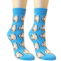 Sky blue crew socks with funny pixel art patterns shown on a model's legs - One Size / Blue