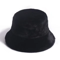 Detail of black faux rabbit fur texture on a thick warm winter bucket hat for women - Adult size 56-58cm / Black
