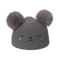 Dark grey knitted girls' beanie with double faux fur pom poms and cute animal face - 52-54cm / Gray