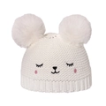 White knit baby hat with double faux fur pom poms and cute cat face embroidery - 52-54cm / White